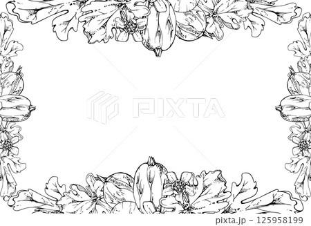 Gooseberry ripe garden berries, bell flower buds leaves. Currant casseille huckleberry jostaberry hand drawn in vector ink. Isolated corner border frame illustration. Wedding stationery, florist shop Gooseberry ripe garden berries, bell flower buds leaves. Currant casseille huckleberry jostaberry hand drawn in vector ink. Isolated corner border frame illustration. Wedding stationery, florist shop 125958199