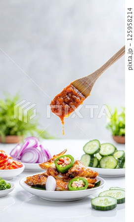 Spicy sambal being brushed onto ikan bakar at a traditional street food stall in Malaysia 125958214