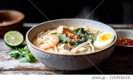 Delicious bowl of Laksa Lemak featuring coconut broth and fresh ingredients in Malaysia Delicious bowl of Laksa Lemak featuring coconut broth and fresh ingredients in Malaysia 125958228