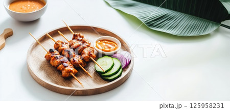 Juicy Malaysian satay skewers served with peanut sauce and fresh vegetables on wooden plate 125958231