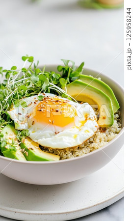 Fresh quinoa bowl with avocado, poached egg, and microgreens for a spring breakfast Fresh quinoa bowl with avocado, poached egg, and microgreens for a spring breakfast 125958244