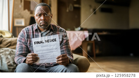 A middle-aged man sits on a worn couch, holding a final notice bill. His worried expression reflects the emotional burden of overdue payments in a cluttered, dimly lit living room 125958278