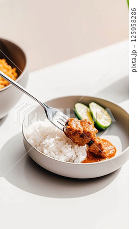 Savory forkful of rendang with rice and lime on a traditional Malaysian table Savory forkful of rendang with rice and lime on a traditional Malaysian table 125958286