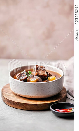 Delicious Bak Kut Teh served with chili soy sauce in a comforting dining setting Delicious Bak Kut Teh served with chili soy sauce in a comforting dining setting 125958290