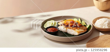 Delicious ikan bakar with sambal sauce served on a banana leaf with rice and lime 125958296