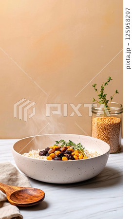 Steaming fonio with fresh herbs and a rustic setting creating a warm culinary experience 125958297