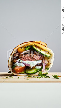 Savory Greek gyros wrap featuring tzatziki sauce, grilled meat, and fresh vegetables 125958306