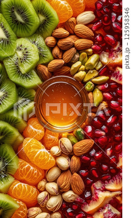 Vibrant arrangement of sliced kiwi, tangerines, almonds, pistachios, and pomegranate seeds framing golden honey bowl, highlighting nutritious food composition Vibrant arrangement of sliced kiwi, tangerines, almonds, pistachios, and pomegranate seeds framing golden honey bowl, highlighting nutritious food composition 125958346