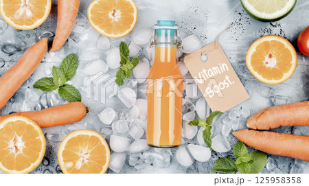 Chilled glass bottle of carrot-orange juice resting on crushed ice, surrounded by citrus slices, fresh carrots, mint, lime, cherry tomato, with vitamin boost tag Chilled glass bottle of carrot-orange juice resting on crushed ice, surrounded by citrus slices, fresh carrots, mint, lime, cherry tomato, with vitamin boost tag 125958358