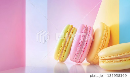 Colorful French Macaroons Displayed on a Bright Background Showcasing Their Unique Textures and Flavors in a Delightful Pastry Arrangement Healthy Dessert Concept Colorful French Macaroons Displayed on a Bright Background Showcasing Their Unique Textures and Flavors in a Delightful Pastry Arrangement Healthy Dessert Concept 125958369