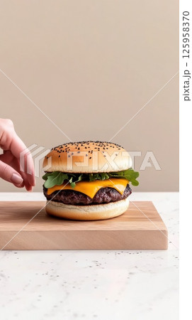 Juicy artisan burger topped with melted cheese and fresh greens on rustic wooden board 125958370