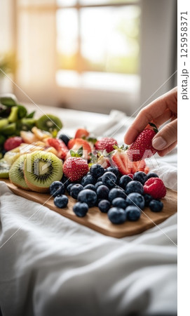 Fresh and vibrant spring fruits create a lively atmosphere on a linen tablecloth 125958371