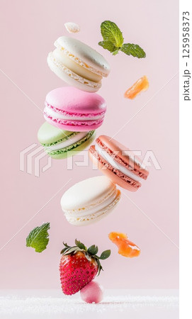 Colorful French Macaroons Floating Above Fresh Strawberries and Mint Leaves on a Soft Pink Background Delicious Dessert Treats for Sweet Lovers Healthy Eating Concept Colorful French Macaroons Floating Above Fresh Strawberries and Mint Leaves on a Soft Pink Background Delicious Dessert Treats for Sweet Lovers Healthy Eating Concept 125958373