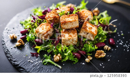 Crispy breaded tofu cubes resting on mixed greens, garnished with kidney beans, walnuts, and salt, plated on dark slate for vibrant vegan dining 125958393
