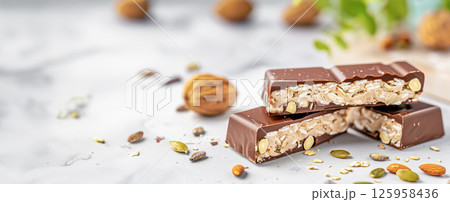 Broken protein chocolate bar segments scattered on marble countertop, revealing crunchy puffed rice, nuts, seeds filling for nutritious snacking 125958436