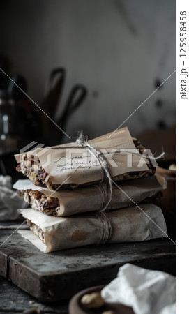 Artisan granola bars bundled in parchment, secured with twine, nestled on weathered wooden surface highlighting natural, nutritious homemade baking Artisan granola bars bundled in parchment, secured with twine, nestled on weathered wooden surface highlighting natural, nutritious homemade baking 125958458