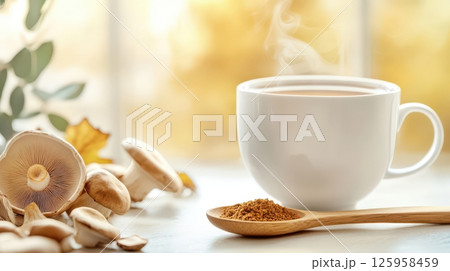 A steaming cup of reishi tea sits on a table with a wooden spoon of ground reishi beside it. Whole mushrooms frame the scene, illuminated by soft, warm lighting, creating an earthy atmosphere A steaming cup of reishi tea sits on a table with a wooden spoon of ground reishi beside it. Whole mushrooms frame the scene, illuminated by soft, warm lighting, creating an earthy atmosphere 125958459