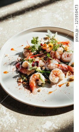Gourmet shrimp salad delicately arranged with vibrant herbs, colorful edible flowers, and aromatic spices on pristine white ceramic plate, showcasing fresh seafood elegance 125958473