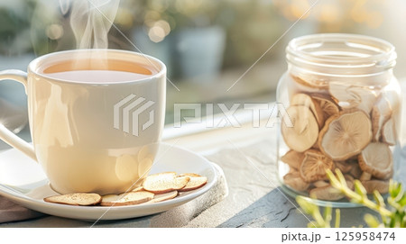 A steaming mug of adaptogen tea sits next to a glass jar filled with dried reishi mushrooms. Soft natural light enhances the serene atmosphere of this cozy setting 125958474