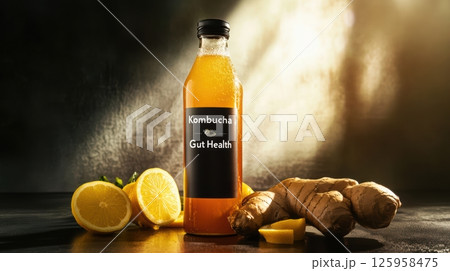 Transparent glass bottle containing ginger lemon kombucha beverage, positioned against dark backdrop, showcasing probiotic drink's wellness potential and natural refreshment Transparent glass bottle containing ginger lemon kombucha beverage, positioned against dark backdrop, showcasing probiotic drink's wellness potential and natural refreshment 125958475