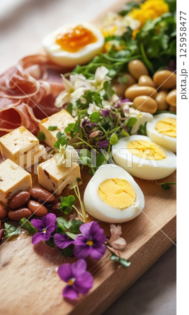 Spring buffet with ham, eggs, cheese, beans, microgreens, and edible flowers, served on a wooden board, offering a vibrant and healthy meal 125958477