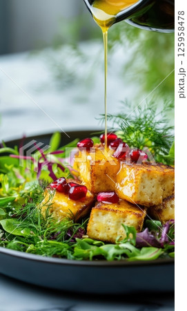 Professional culinary expert drizzling honey mustard vinaigrette over pan seared tofu salad, studded with pomegranate seeds and crisp organic greens Professional culinary expert drizzling honey mustard vinaigrette over pan seared tofu salad, studded with pomegranate seeds and crisp organic greens 125958478