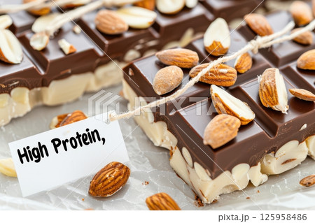 Delicious high-protein chocolate bars topped with almonds, perfect for a healthy and satisfying snack or treat, with a label highlighting their protein content 125958486