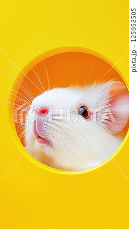 Adorable white guinea pig peeking through a circular opening in a bright yellow background, showcasing its playful nature and charm, cute pet concept Adorable white guinea pig peeking through a circular opening in a bright yellow background, showcasing its playful nature and charm, cute pet concept 125958505