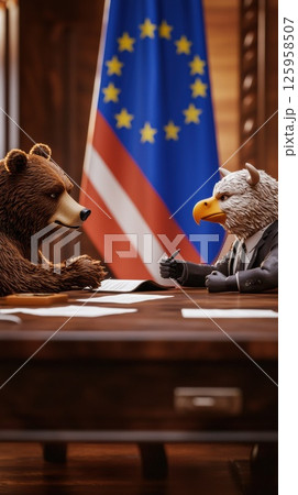Two diplomatic figures engage in a serious discussion at a wooden table, with flags in the background. The atmosphere reflects tension and cooperation as they negotiate terms 125958507