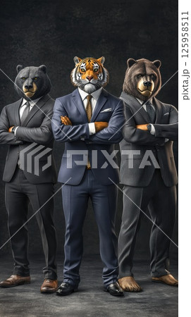 Three anthropomorphic executives stand confidently, each with animal heads portraying power and authority in sharply tailored suits. The strong poses suggest determination in a corporate environment 125958511