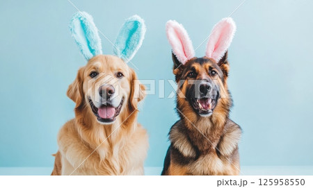 Adorable dogs wearing colorful bunny ears, showcasing their playful nature and charm in a bright setting, perfect for pet lovers and Easter celebrations concept 125958550