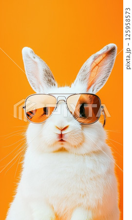 Adorable rabbit wearing stylish sunglasses against a vibrant orange background, showcasing its playful personality and charm, funny cute pets concept 125958573