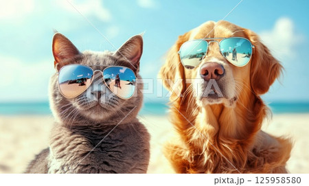 Adorable pets enjoying a sunny beach day wearing stylish sunglasses, showcasing their playful personalities and charm, perfect for pet lovers, cute animal concept 125958580