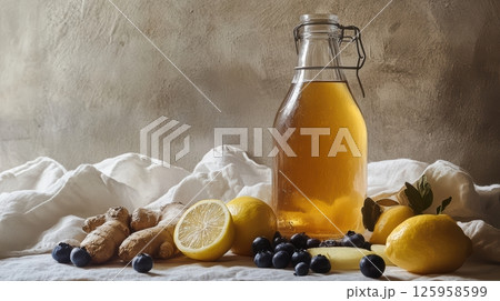 Swing top glass bottle containing kombucha tea, garnished with ginger, lemon, blueberries on crisp white linen surface 125958599