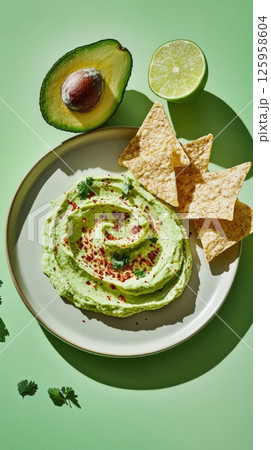 Creamy avocado dip sprinkled with cilantro and chili flakes, accompanied by crisp tortilla chips and lime wedge on bright green surface, showcasing zesty appetizer 125958604
