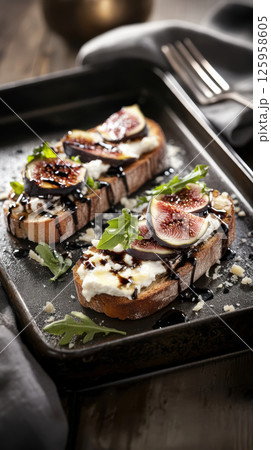 Toasted bread slices layered with creamy ricotta, ripe fig segments, balsamic glaze, and peppery arugula on weathered metal surface, highlighting mediterranean inspired small plate Toasted bread slices layered with creamy ricotta, ripe fig segments, balsamic glaze, and peppery arugula on weathered metal surface, highlighting mediterranean inspired small plate 125958605