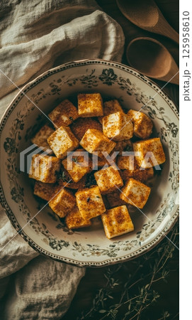 Spiced tofu cubes nestled on rustic cloth, surrounded by wooden spoons and fresh herbs, illuminated by soft natural light creating inviting kitchen ambiance 125958610