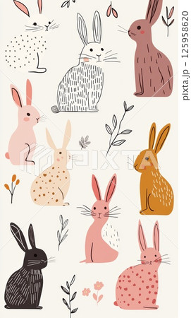 Adorable and Playful Rabbits in Various Colors Surrounded by Nature Elements Showcasing Their Unique Personalities and Charm in a Whimsical Art Style Concept 125958620