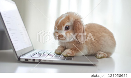 Adorable fluffy rabbit curiously exploring a laptop keyboard in a bright room, showcasing the charm of sweet cute pets and their playful nature concept Adorable fluffy rabbit curiously exploring a laptop keyboard in a bright room, showcasing the charm of sweet cute pets and their playful nature concept 125958623