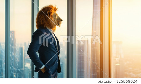 An anthropomorphic lion dressed in a finely tailored navy-blue suit stands near a floor-to-ceiling window, looking out over a stunning city skyline illuminated by the warm glow of sunset An anthropomorphic lion dressed in a finely tailored navy-blue suit stands near a floor-to-ceiling window, looking out over a stunning city skyline illuminated by the warm glow of sunset 125958624