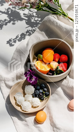 Easter picnic in a blooming spring garden featuring gluten-free treats and pastel eggs under golden light 125958671