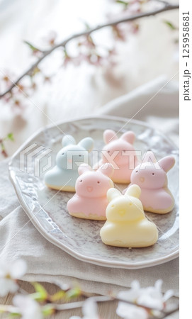 Pastel easter bunny cookies resting on speckled plate, complemented by delicate cherry blossoms, capturing cheerful springtime celebration 125958681