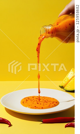 Orange chili sauce cascading over white plate, bright yellow backdrop complemented by red chili peppers and mango slices, creating tropical culinary scene 125958682