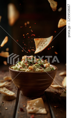 Creamy guacamole garnished with chili flakes resting in rustic ceramic bowl, pita bread partially levitating, creating vibrant appetizer composition 125958687