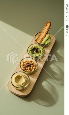 Gourmet dip selection featuring creamy hummus, fresh guacamole, garnished with chickpeas, cucumber, resting on rustic wooden serving board alongside crisp breadsticks 125958698