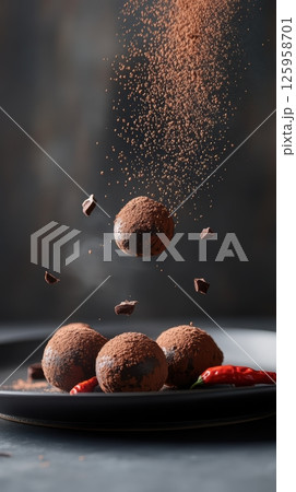 Luxurious chocolate truffles lightly dusted with cocoa, nestled beside fiery red chili peppers, representing gourmet flavor contrast and culinary artistry Luxurious chocolate truffles lightly dusted with cocoa, nestled beside fiery red chili peppers, representing gourmet flavor contrast and culinary artistry 125958701