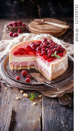 Nostalgic fruit cheesecake displayed in vintage style with a dark background and artistic elements 125958732