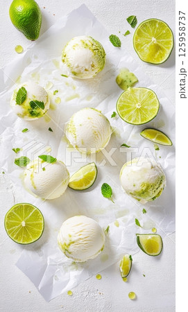 Delightful avocado lime ice cream scoops arranged beautifully on parchment with fresh lime and mint accents Delightful avocado lime ice cream scoops arranged beautifully on parchment with fresh lime and mint accents 125958737