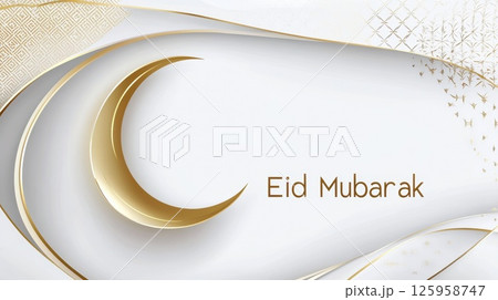 Futuristic minimalist Eid al-Fitr celebration banner featuring elegant crescent moon and stylish greeting 125958747