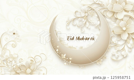 Elegant Eid invitation card featuring crescent moon and floral designs with golden accents 125958751